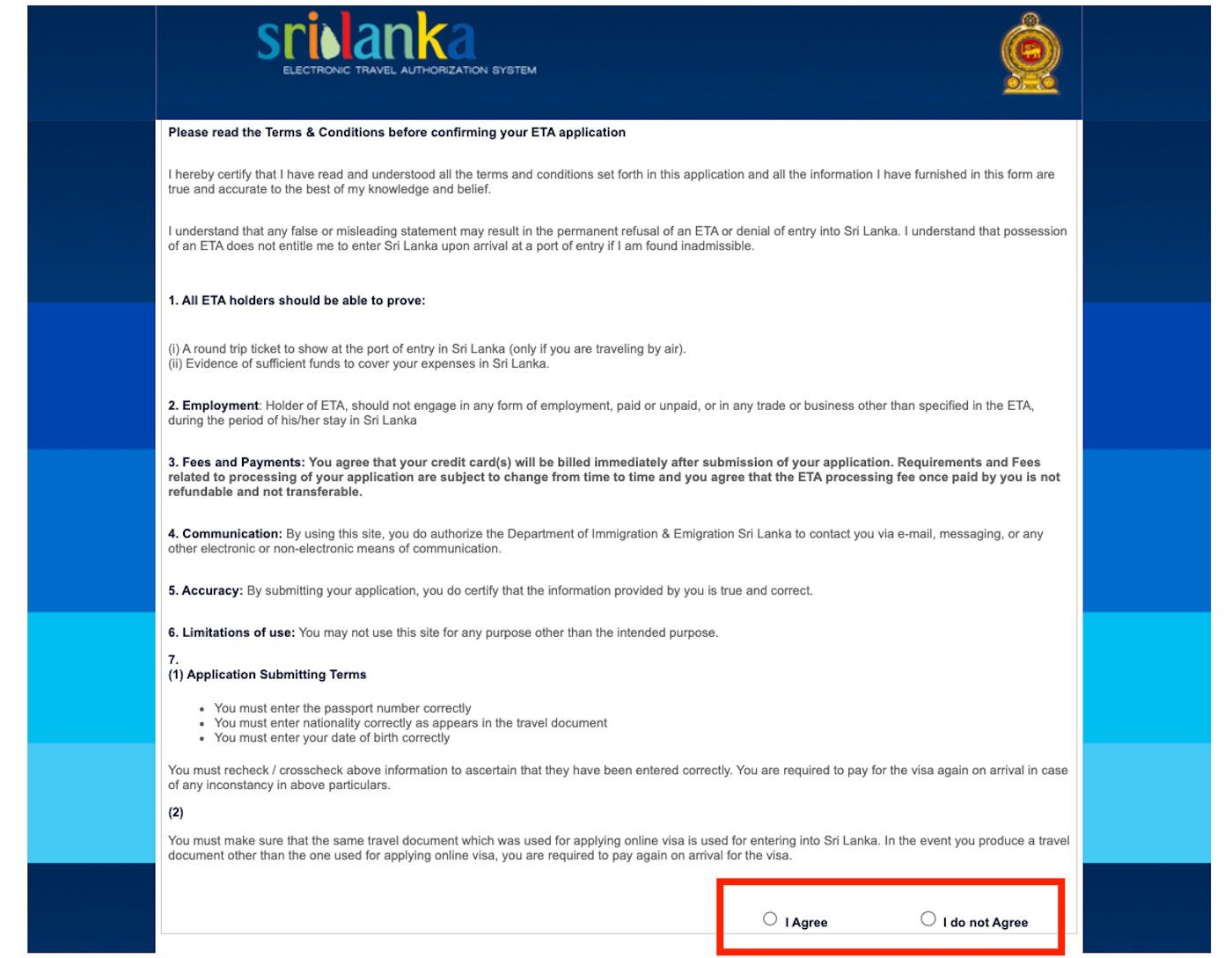 ETA SRI LANKA ACCEPTER LES CONDITIONS