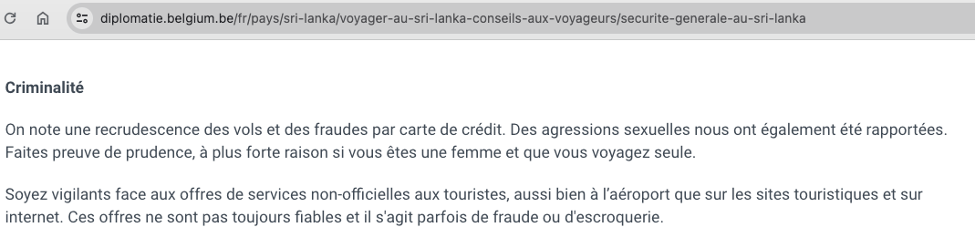 recommandation de sécurité pour les femmes au Sri Lanka par le gouvernement belge