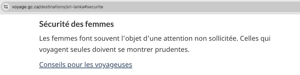 recommandation de sécurité pour les femmes au Sri Lanka par le gouvernement canadien