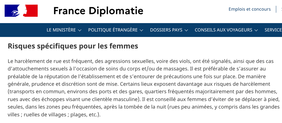 recommandation de sécurité pour les femmes au Sri Lanka par le gouvernement français