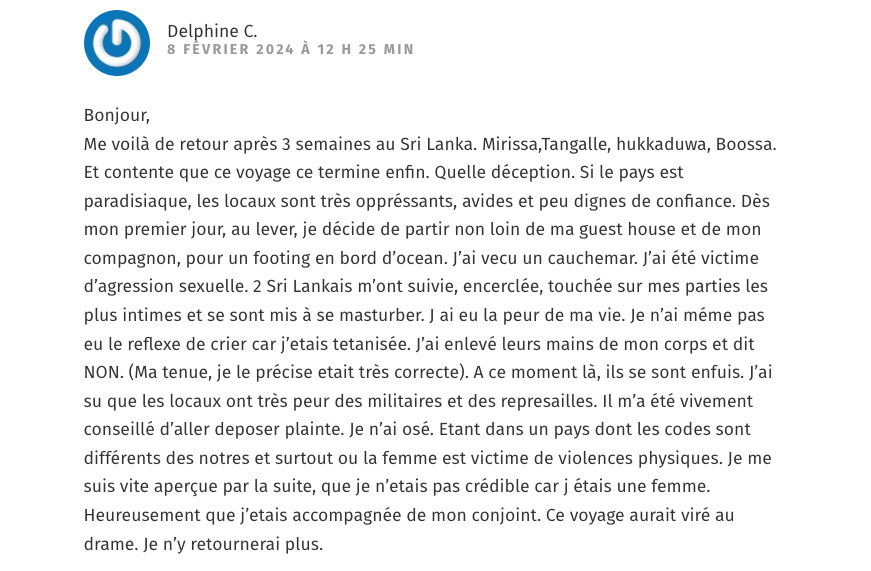 temoignage agression d'une femme seule au sri lanka en 2024
