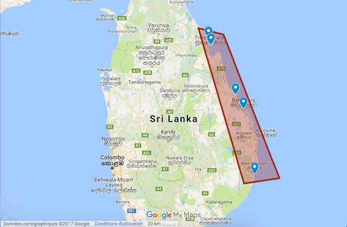Carte de la côte Est du Sri Lanka