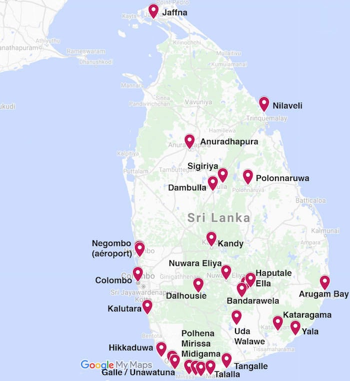 carte des hébergements au sri lanka 2018
