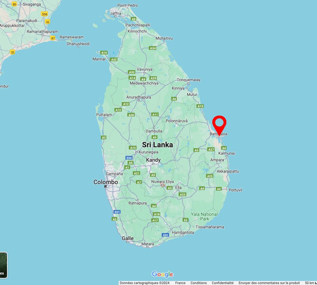 carte batticaloa au sri lanka où se situe la ville