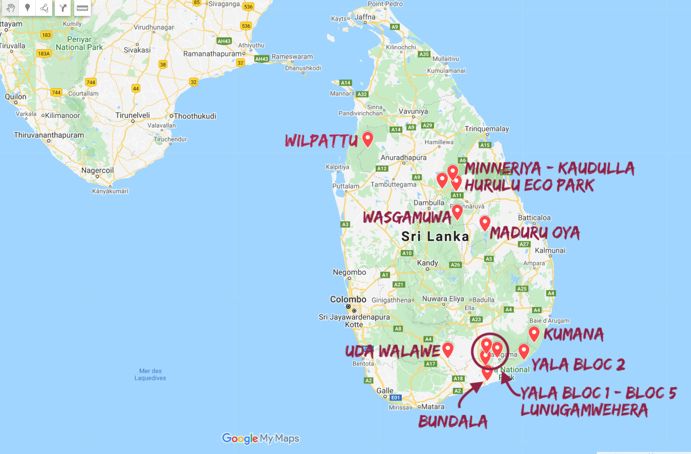 liste des safaris au sri lanka carte