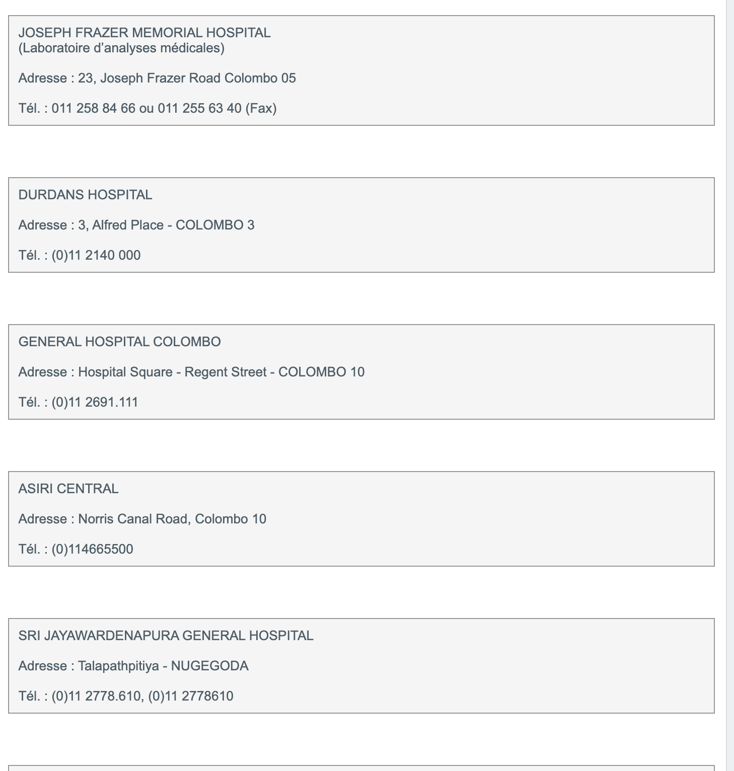 liste hopitaux au sri lanka