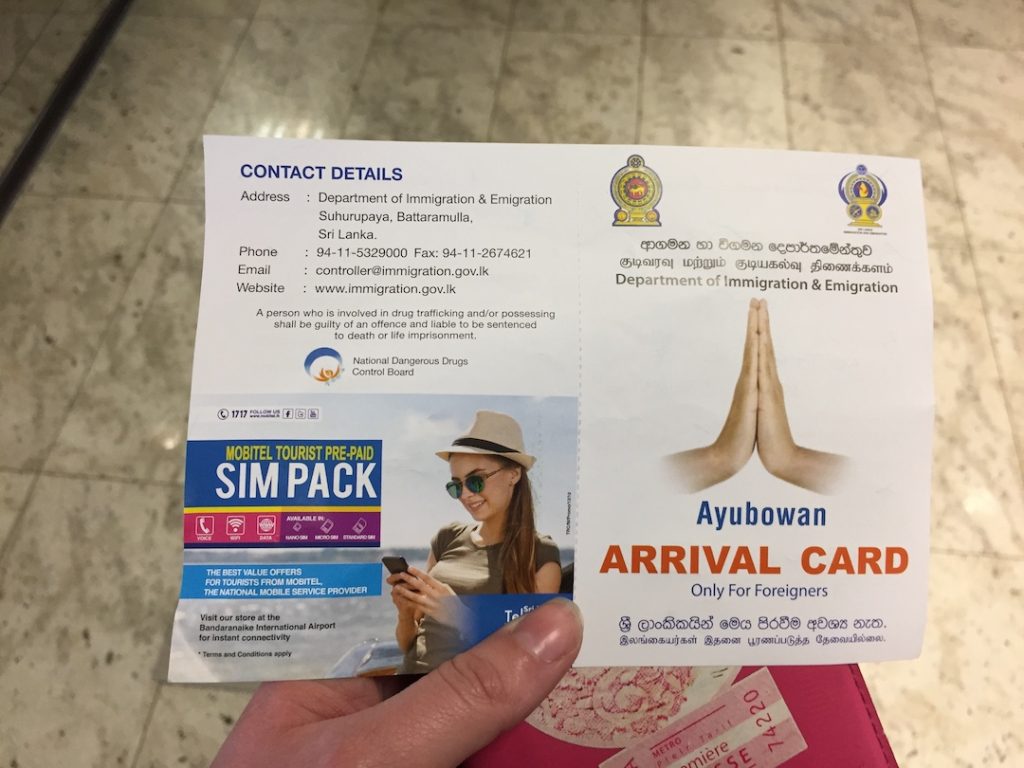 carte arrivée pour passer avec son visa au sri lanka