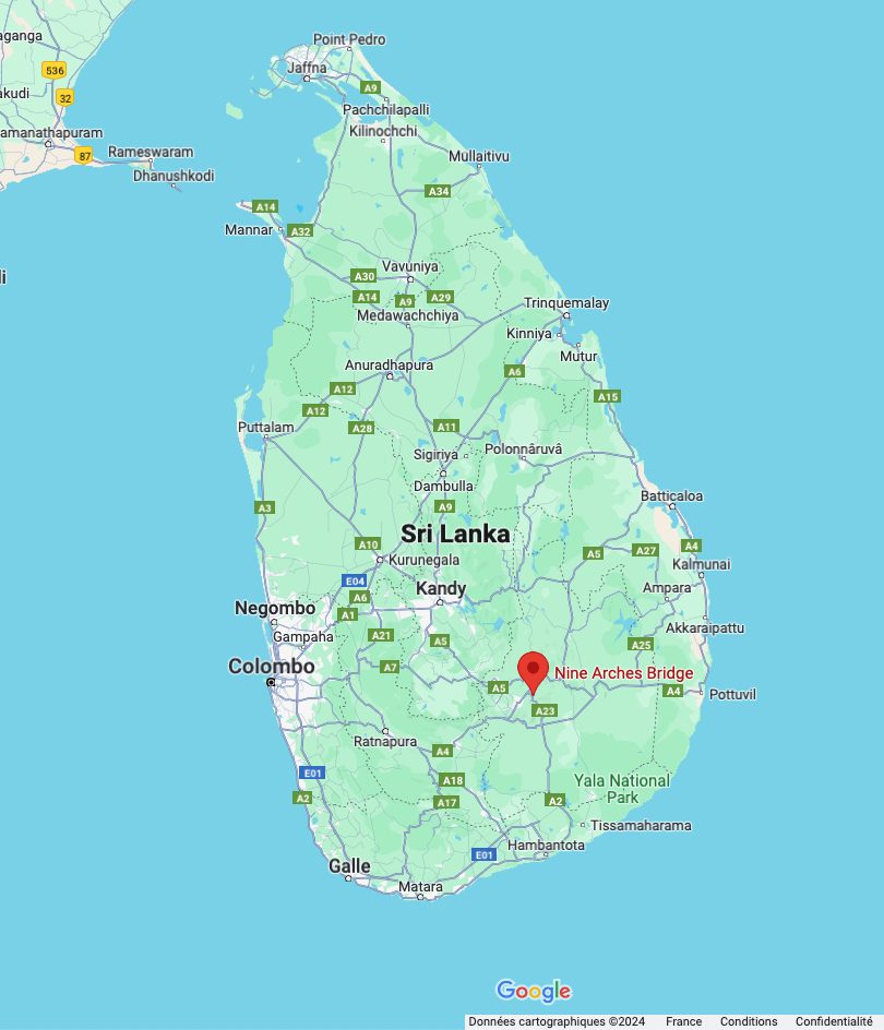 carte du sri lanka pointant le pont des 9 arches